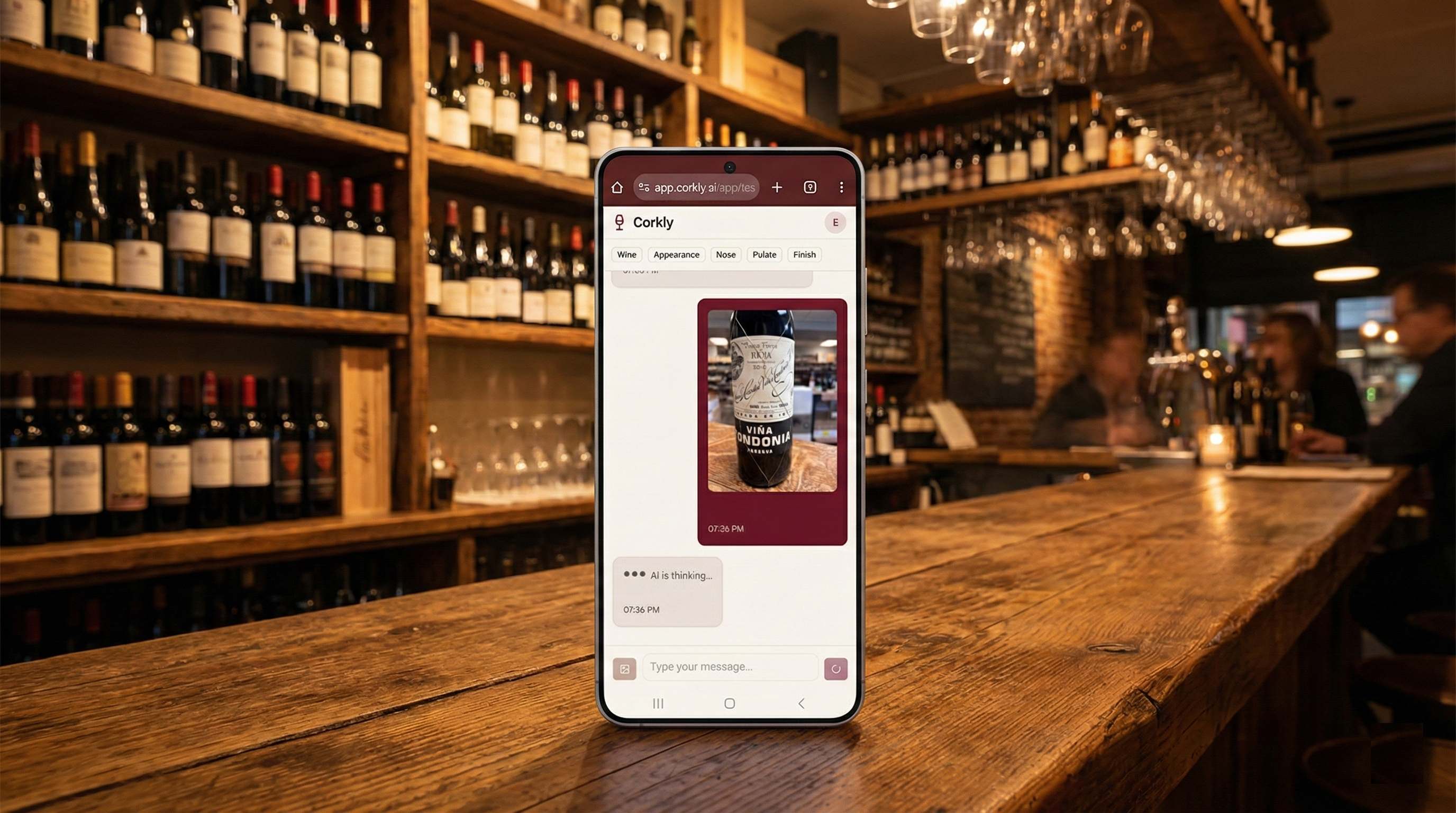 Corkly app showing a wine tasting session with AI-powered guidance